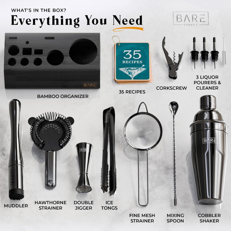 BARE BARREL Mixology Bartender Kit Bar Set | 14-Piece Cocktail Shaker Set | Martini Barware Mixing Tools for Home Bartending | Incl. 35 Recipe Cards | Gift Set (24oz Cobbler Shaker  Jet Black/Black) - Image 4